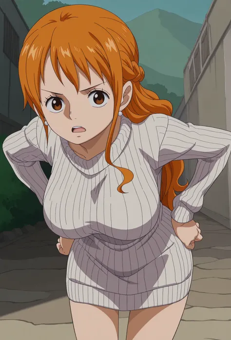 1girl,solo,mm,mature female,orange hair,brown eyes,earrings,large breasts,anime coloring,
braid,long hair,sweater dress,leaning forward, hands on own hips, looking at viewer, light frown, open mouth, outdoors
,masterpiece,best quality,amazing quality,