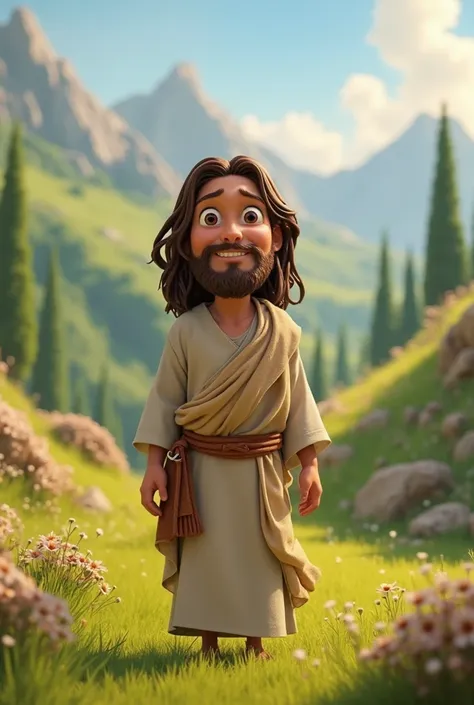 animated image of Jesus for ren in the Disney Pixar style 
smiling with sweet eyes of ,  a simple tunic, in a natural landscape adapted to the present day,