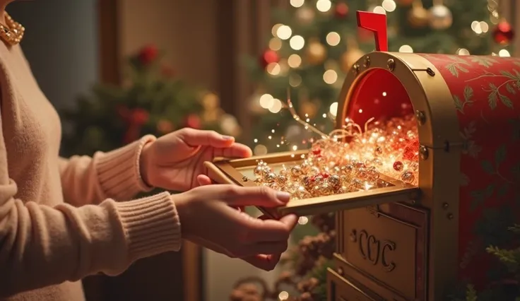 showing a scene where a consumer is opening a custom mailbox，The box contains the brand's iconic elements（For example，gifts、Internal card、decorations, etc），highlights the personalized customer experience。
background： heartwarming、in the home environment，vi...