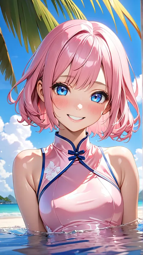  super realism,(( top quality)), (( Masterpiece)), ( Details), uncensored,( Shiny Skin ),white-line pink light pink silk cheongsam, top quality , Hi-Res, super fine,8k,Details eyes,2.5D, 1 girl,pink hair, blue eyes, uncensored,cute, has a young face,smile,...