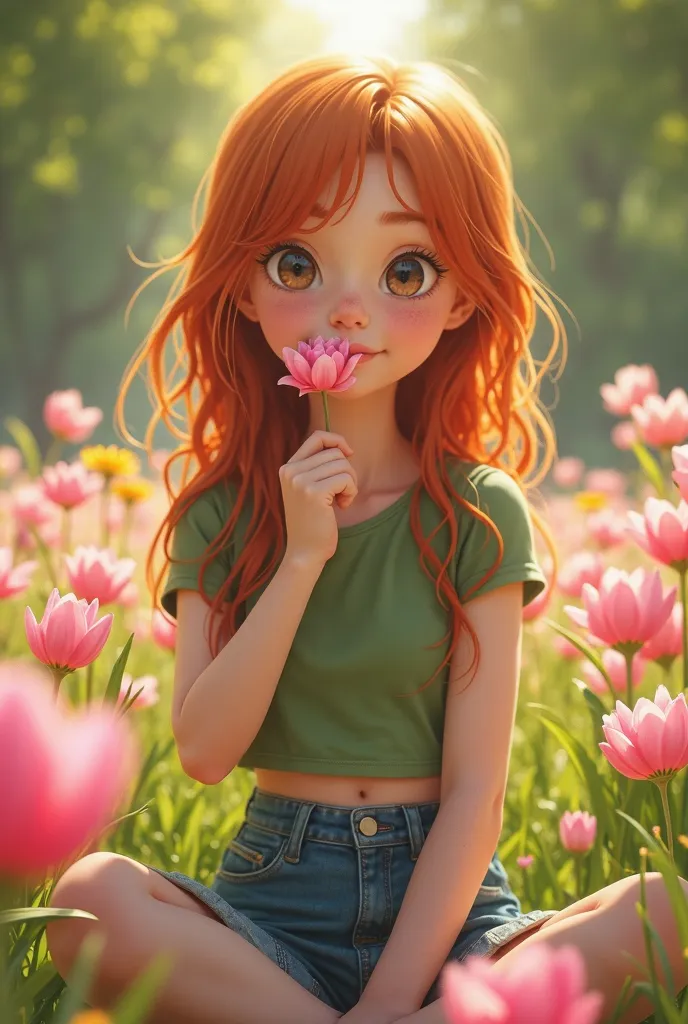 A realistic photograph, photo made with can R5, 50mm 2.8 lens, A dutch ginger girl, age 10, sitting between pink flowers in park in a green cropped top and a denim skirt, sunny day in spring, happy, sunflare, skinny, flat chestdd, uhd, 1080p, 4k, sniffing ...