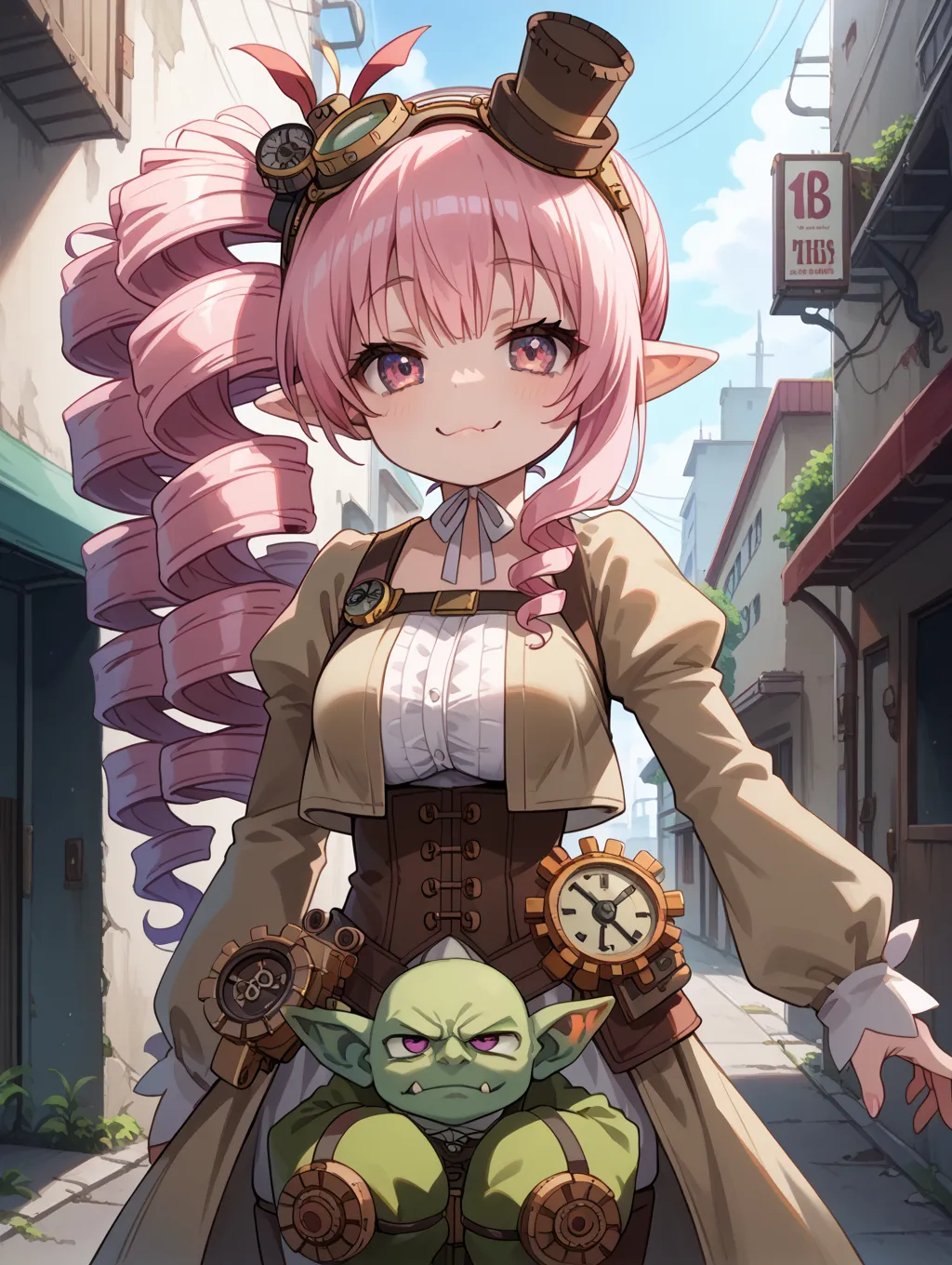  Score_9, score_8_up, 4k, 8k, detailed face, source_anime,  anime  goblin oppai loli, oppai loli, green skin, pointy ears,big breasts, ,pink hair, drill hair, side ponytail,  lewd face, huge ass,    , , cowboy shot ,    boots,   looking at viewer,, pink ey...