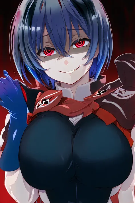  a girl with large breasts ,  blue hair, multicolored hair, detailed eyes, Yandere expression ,  evil smile, uniforme Akame ga Kill, blue glove, red-eyed uniform,  short hair, Slap Black Eye