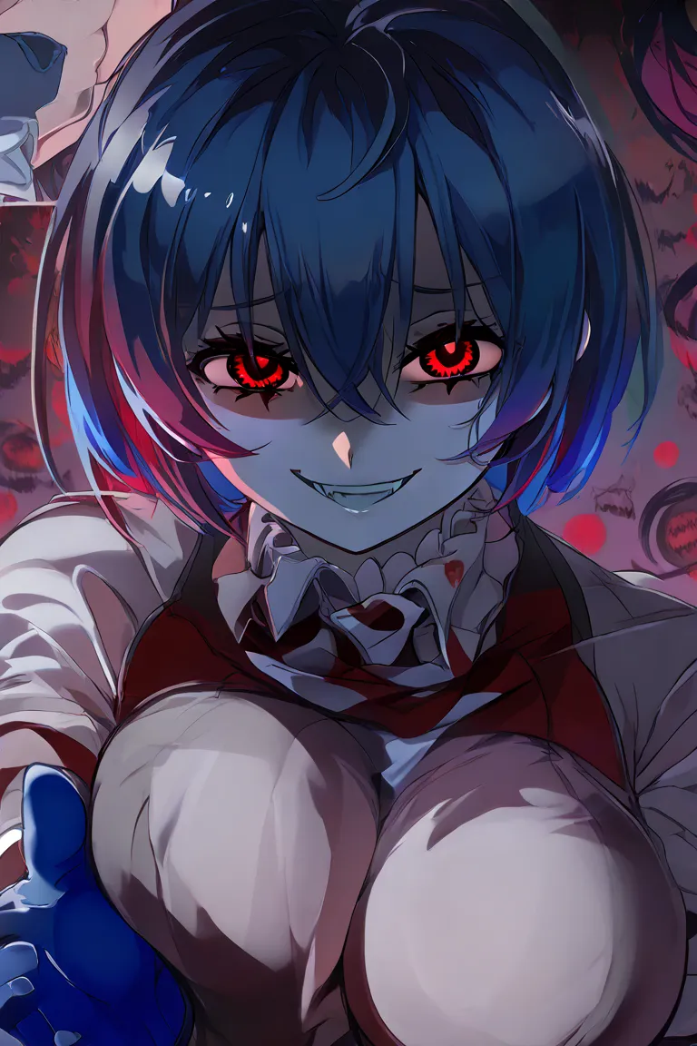  a girl with large breasts ,  blue hair, multicolored hair, detailed eyes, Yandere expression ,  evil smile, uniforme Akame ga Kill, blue glove, red-eyed uniform,  short hair, Slap Black Eye