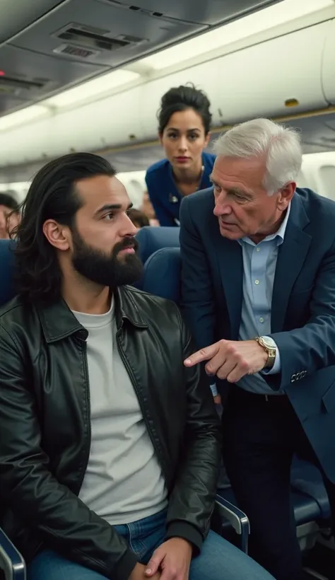 Image is a digitally manipulated scene set inside an airplane cabin, featuring three individuals. The layout shows a man with long dark hair and a beard, wearing a casual black jacket and jeans, seated in a blue airplane seat. He has a light skin tone. Sta...