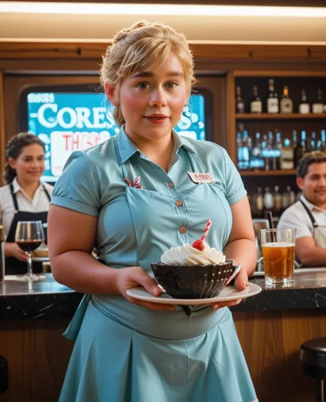 Cinematic image Chubby Cheers style waitress, The TV series from the 80s, with typical customers from the series and Ted Danson as the owner of the bar 