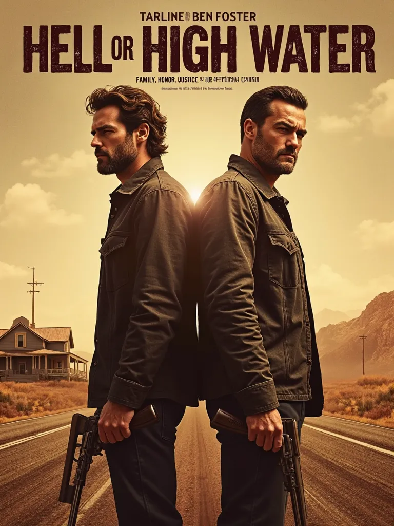 Prompt for Movie Poster Design:

Create a rugged and cinematic movie poster for Hell or High Water (2016), capturing the essence of the modern Western thriller. The poster should feature Chris Pine and Ben Foster as the two brothers, Toby and Tanner, stand...