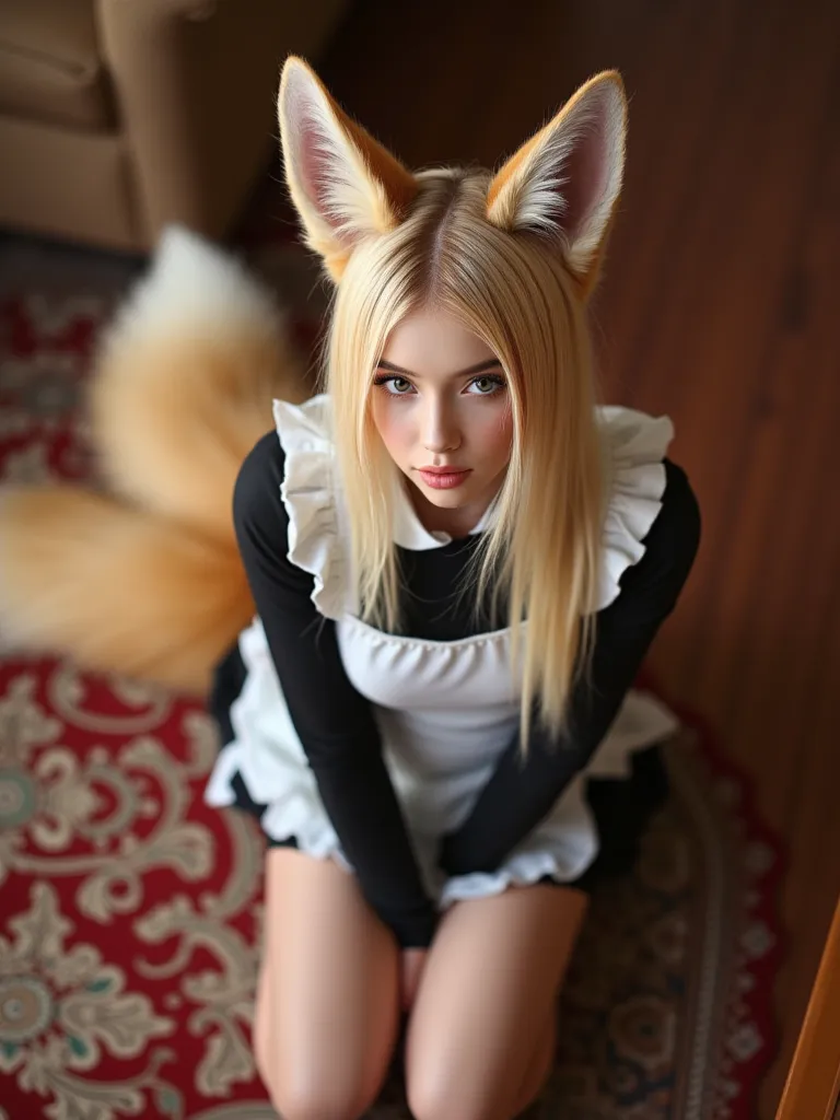 (( top quality made of straw , 8k)), ((straight blond girl)), (( Photorealistic)), ( masterpiece), Perfect Face Observed from the Ceiling , ((Woman with fox ears )), ((That woman has a fox tail )), foxgirl, (Her tail is big  ), ( That beautiful woman is sh...