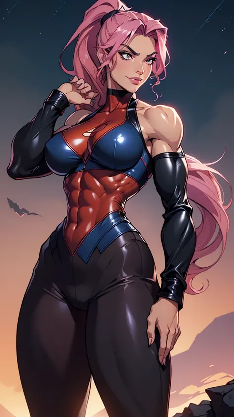 A gorgeous and stunning, ((superheroine)), smirking, smiling, dominant, challenging demeanor, smug, teasing, tall, statuesque, imposing, towering, biceps, triceps, ((eight pack abs, extremely defined abs)), ((flexing biceps, showing off biceps, double bice...