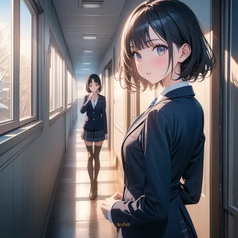 A masterpiece, hyper detailed, 8k, highest quality, light novel illustration,Daytime,in winter,1 girl, 20y,(slender),extremely detailed face, black hair, short hair, short bangs,Small breasts,(dark blue blazer),(plaid pleated skirt),looking back,whole body...