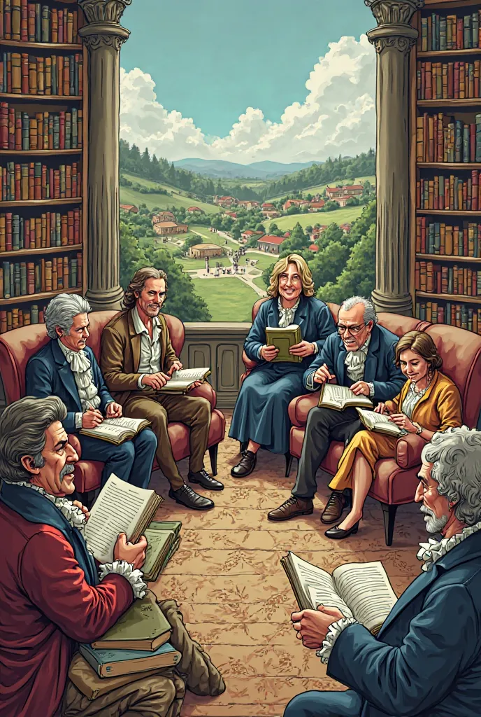 It generates an 18th century comic-style image of people reading John Locke's writings in different places 