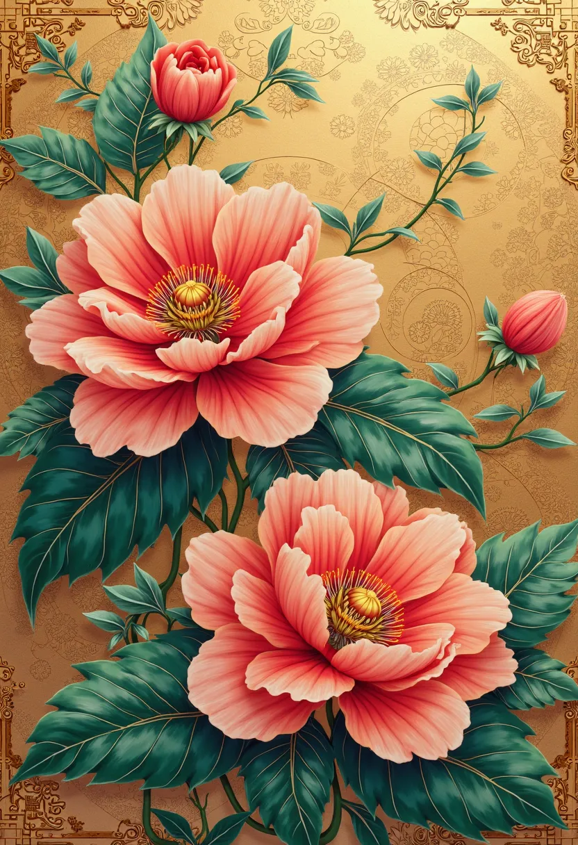  with ultra-fine details inspired by {x}、It has 2 large flowers with green leaves on a golden background, Lu Guang,  trend , Cloisonné, Detailed painting 4k,  Traditional Chinese Art , Oriental Wallpaper , Chinese painting, Chinese painting style, Gold Lea...