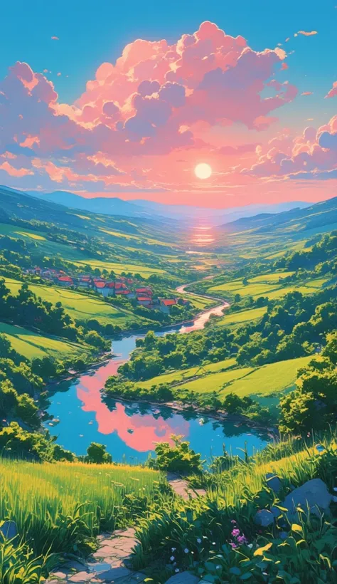 Sunrise. Clear sky. One beautiful airy cloud of creamy pink hue. The rays of the rising sun pierce the landscape, making it translucent. A beautiful picturesque green valley where you can see wheat fields, apple orchards, cute colorful houses with tiled ro...