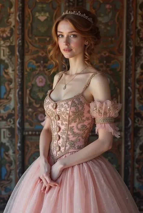 I would like to create a dress from the Middle Ages for a masquerade ball at the castle, The dress must be in pale pink and with some dedicated embroidery, with the short straps but without showing too much