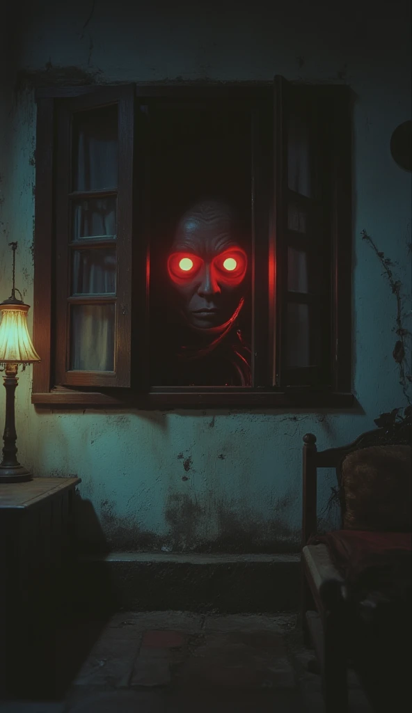 1989 A cinematic film still of  * A traditional Malay house at midnight, where a floating, disembodied head with glowing red eyes and pulsating organs hovers outside a window, watching its sleeping victim.
