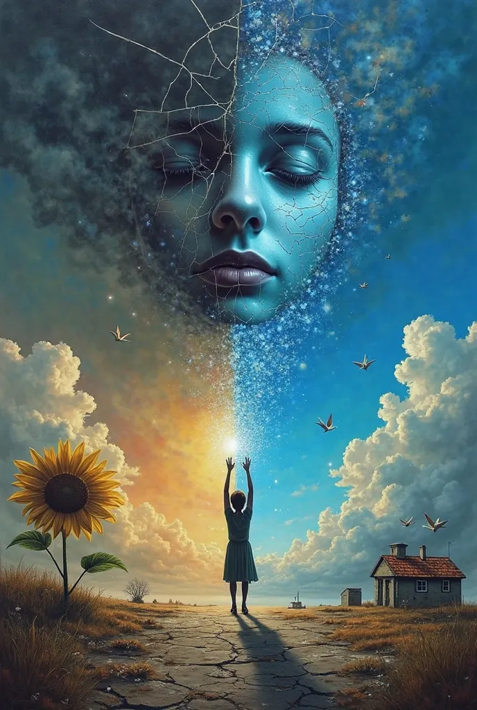 A surreal melancholic painting, split sky: left side dark stormy industrial pollution with ash rain, right side serene bright blue sky with rainbow, cracked mirror floating in between reflecting a blurred face. Silhouetted figure on cracked ground reaching...