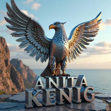 TIM 
X 
15:52 
www.bing.com 
Image Creator in Bing 
a majestic silver eagle statue steampunk with its 
wings,perched on a platform with bold silver emboss 
letters 3D text words name "ANITA KENIG",the eagle 
statue sparkling is intricately detailed realist...