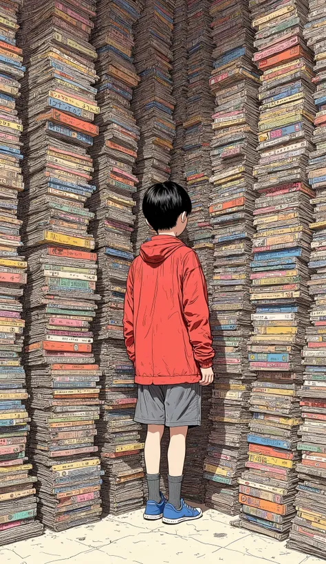 illustration of a boy standing in front of a pile of comics, Kastuhiro Otomo, Katsuhiro - Otomo ,  Hirohiko Araki ,  anime book with pictures of a group of Japanese comic books , Otomo Katsuhiro, Automatic branching, artist Otomo Katsuhiro, Umetsu Kazuo Ar...