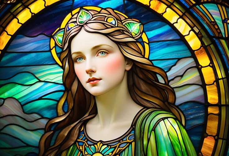 a close up of a stained glass window with a Aurora on it, psychedelic Aurora, maxim verehin stained glass, stained glass art, stained glass style, glowing stained glass backdrop, Aurora, Aurora perspective, colorfull stained glass, stained glass, beautiful...