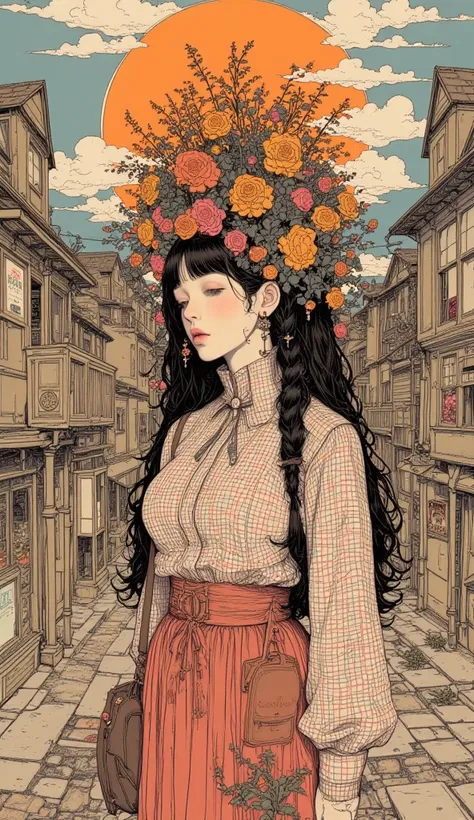 womanの写真があります,   ruffle blouse、long skirt with low skin exposure、woman   、 There are a lot of flowers blooming on my head 、 beautiful hair、 braids、Close up details, Detail shot,  Clear details ,   Artie Love Blow Style  , Silkscreen Art ,   check shirt  , ...