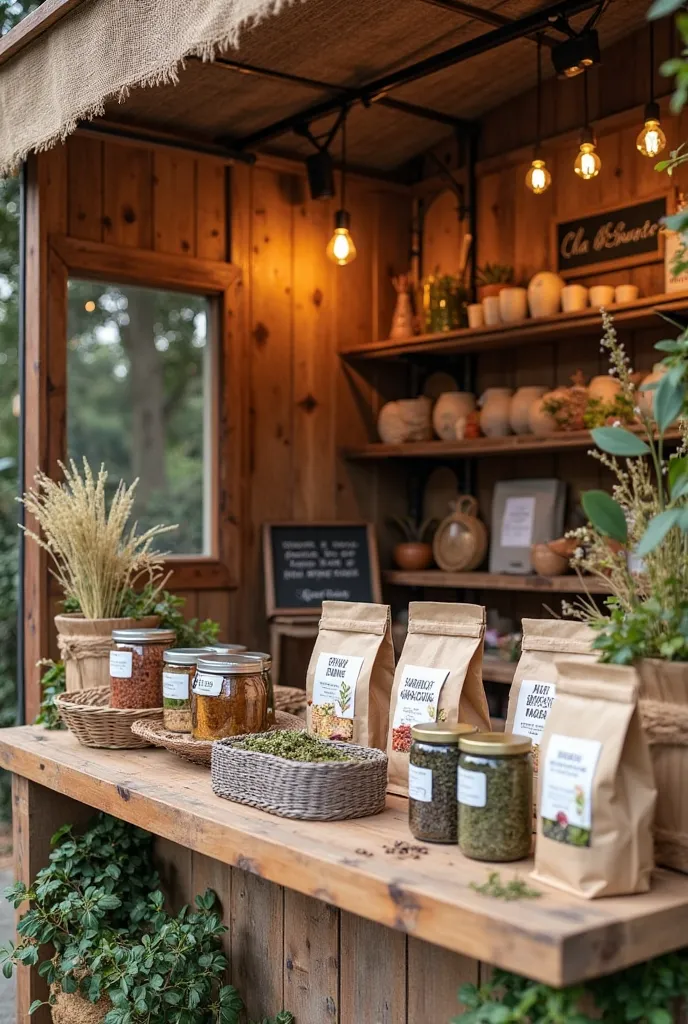 create a fair showcase booth showcasing rustic style herbal tea products