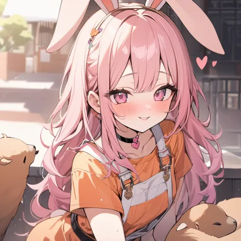 , zoo keeper々）, sexy innocent beauty, heart shaped choker, (masterpiece, highest quality), capybara art, beautiful and aesthetic: 1.2), (1 girl), very detailed, (cute zoo art: 1.3), brown pink colorful, pink long hair、rabbit ear, overalls orange dress, hal...