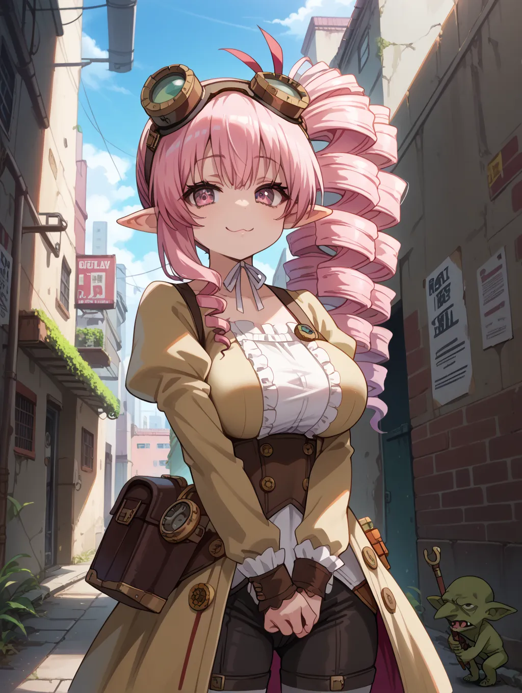  Score_9, score_8_up, 4k, 8k, detailed face, source_anime,  anime  goblin oppai loli,, green skin, pointy ears,big breasts, ,pink hair, drill hair, side ponytail, solo, lewd face, huge ass,    , , cowboy shot ,    boots,   looking at viewer,, pink eyes ,ve...