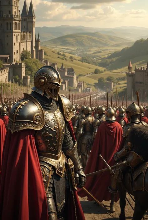 **Prompt:** Create a hyper-realistic panoramic image set in a medieval age where passionate of king 'richard the lionheart' guarded by red cape knights cavalry orderly units, they are marching forward into battlefield. Focus on the intricately detailed med...