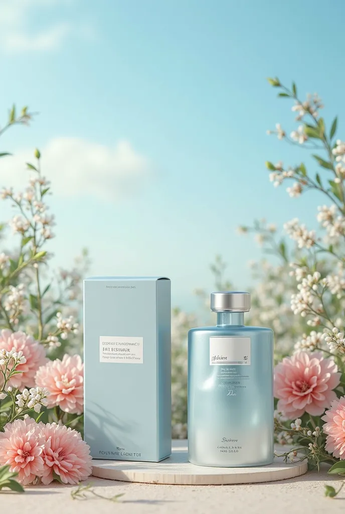  I need you to create a makeup scene map，Two boxes of masks under the sky, one bottle of light blue essence，Blooming flowers surround it，Shot from a slight angle of view， Overall atmosphere ，The brand-like，scene is real and realistic，The scene showing cosm...