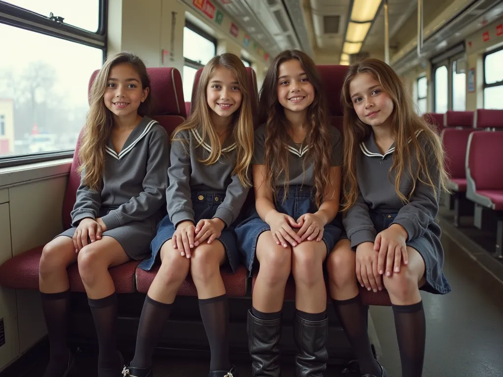 four arabic 6years girls kisses sitting on train seat, View Photographer, whole body, (Smiling at the photographer), tight open breast tits russia school uniform, High boots, Clothes that show the open chest、Thin and long elbows、(wearing a open breast top,...