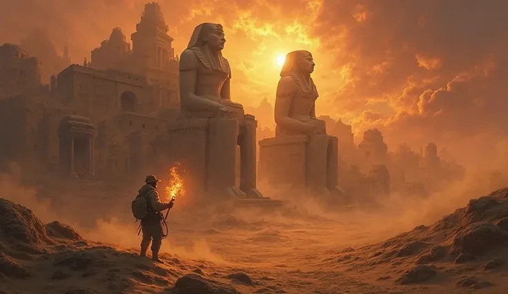 A dramatic and cinematic digital painting of an ancient lost city buried under golden desert sands. Ruins of grand temples and colossal statues peek out from the shifting dunes. The sky is a mix of deep orange and purple, evoking mystery and adventure. A l...