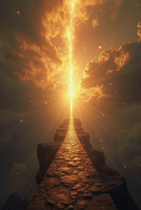 Creat  3d image "A dramatic scene of a grand cosmic scale, where light and shadow play across the heavens. A golden divine glow illuminates a vast bridge stretching into infinity, symbolizing the Day of Judgment. A sense of awe and reverence fills the scen...