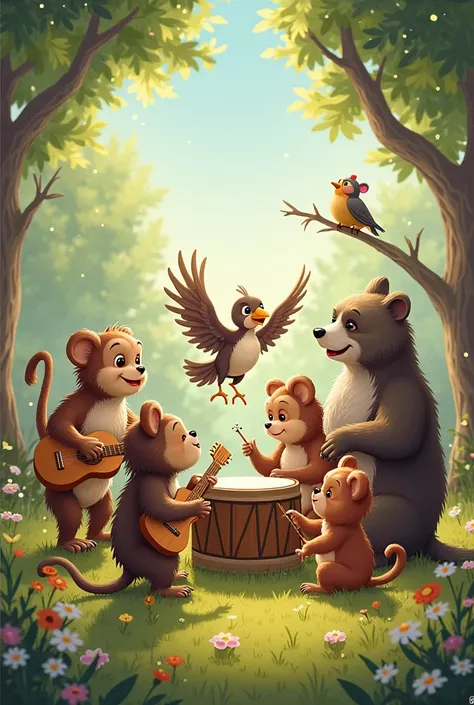 A few animals play musical instruments in a circle