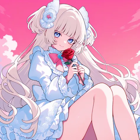 (Tsubaki Tsubaru:1.0),(Yumenouchi :0.1),( Kamikura Eku :0.1), 1girl , colorful, flower, rose, Alone, long hair, lolita, white lolita, blue eyes, hair ornament, holding rose, two sideup, melty, long sleeves, lace, candy, smile, legs together, puffy sleeves,...