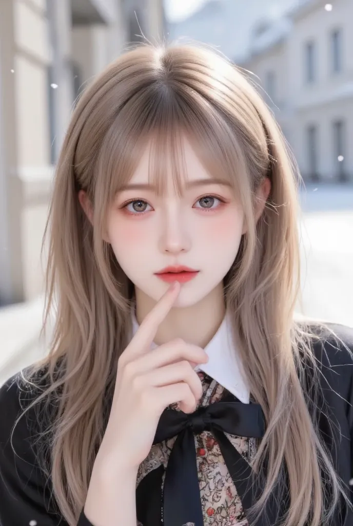 A teenage Russian woman with a mysterious atmosphere, rainbow-colored hair, Long straight hair, silver eyes, New complex city, A suit with an intricate and lovely bow, a position where you can't see your hands, snow is falling from the sky, transparent ski...