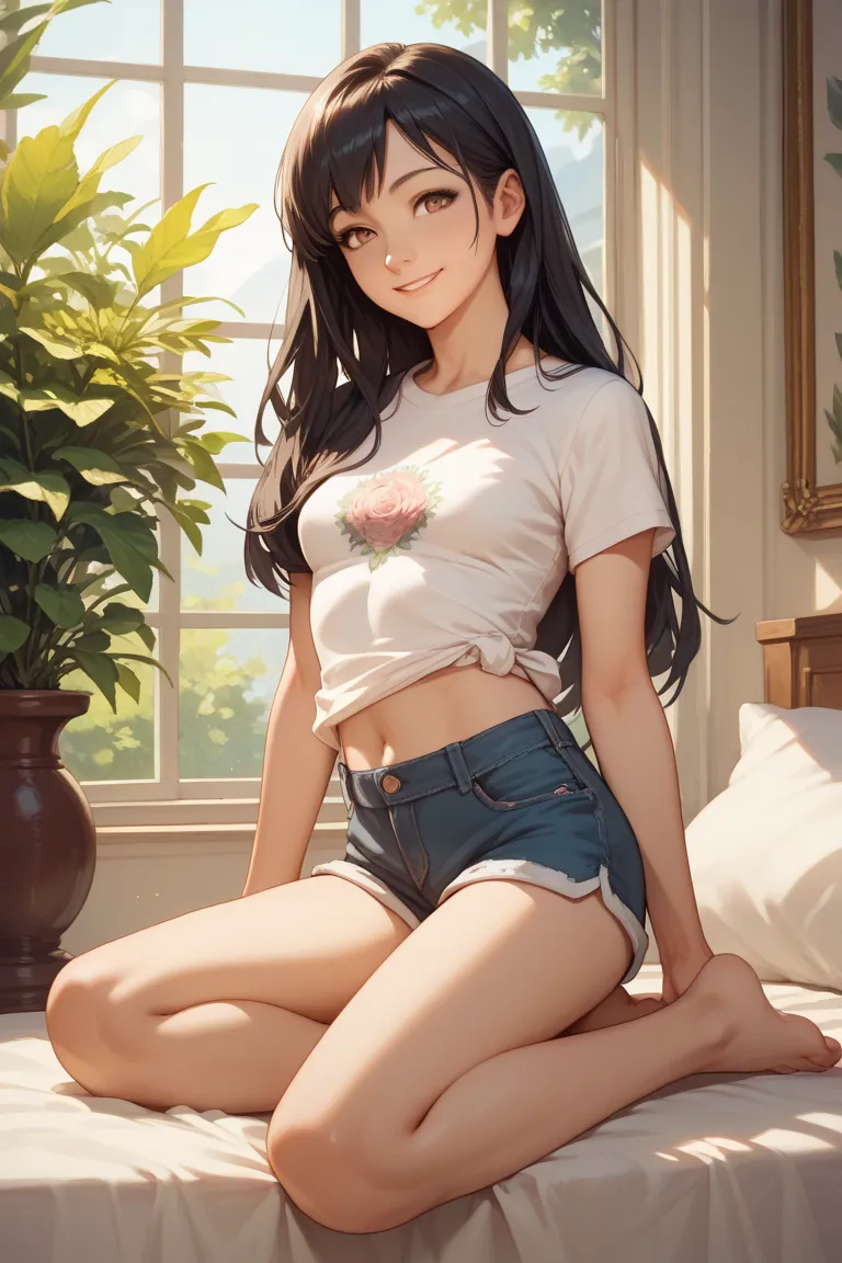 Anime, solo, 1girl, facing viewer, black hair, long hair, brown eyes, small breasts, knotted t-shirt, bare midriff, shorts, barefoot, beautiful, elegant, smiling, best quality, masterpiece.