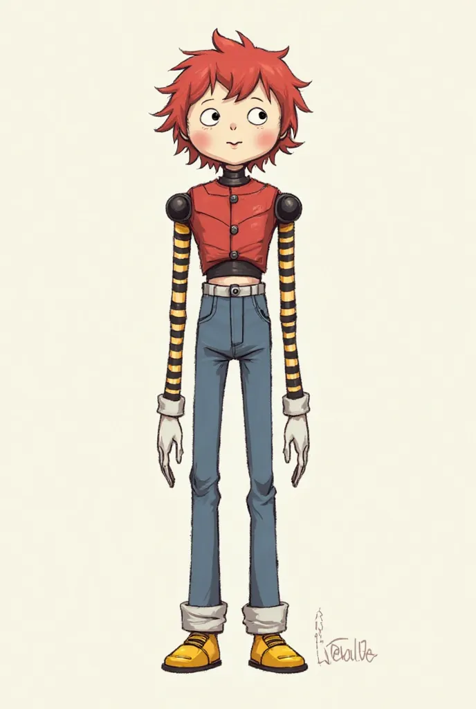 This drawing features a character design with a slender body, very long limbs and articulations at the main joints, that feels like a puppet or a flexible foldable toy.

Details Description:

outset: round shape, with slightly red hair and two large round ...