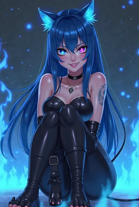 woman, right eye blue, left eye pink, eyes reflecting stars, close-up eyes, dark lips, tattoo, big lips, choker, devil smile, long blue hair, blue cat ears, long black nails, wearing black latex costume, military black high heels, sexi pose, devil smile, l...