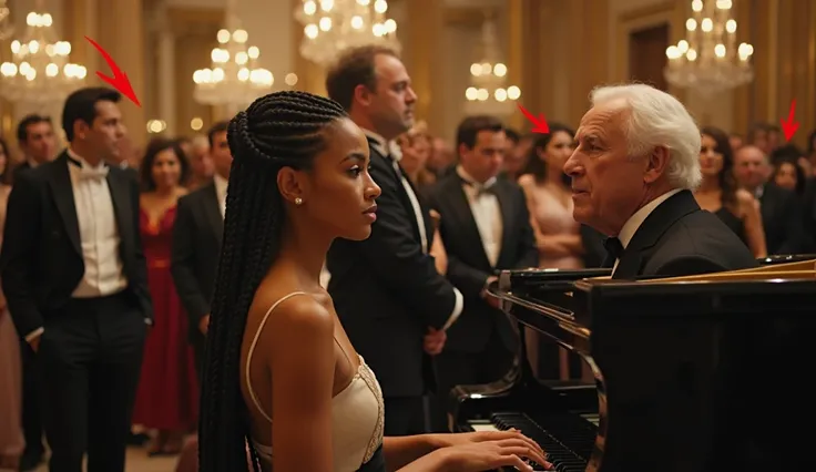 Image is a formal event scene featuring a diverse group of people in an elegant setting. The style is cinematic, with a focus on a young woman with medium skin tone and long braided hair, seated at a grand piano. She is wearing a black and white outfit, lo...