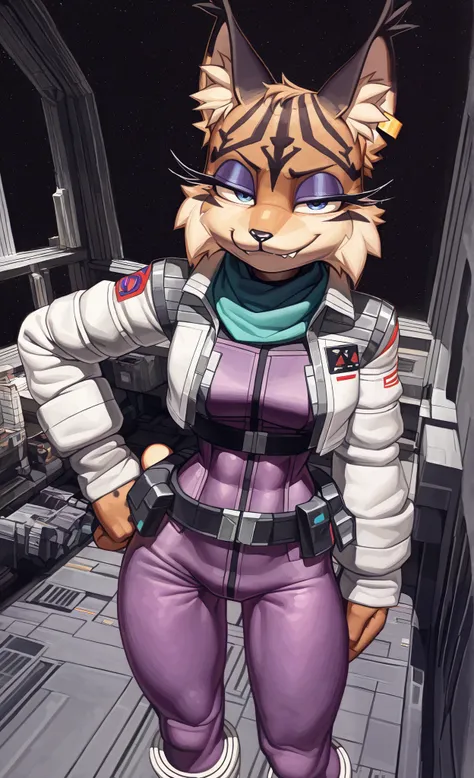((Miyu Lynx)), ((Starfox)), ((pixelsketcher style)), ((wamudraws style)), ((masterpiece)), ((high resolution)), ((solo portrait)) {(attractive figure), (toned body), (slim waist), (beautiful legs), (brown fur), (black nose), (long pointed lynx ears), (dark...