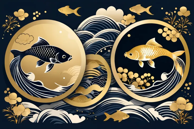 There are 4 fish in a circle with a gold and black design, vector art inspired by Shunei Katsukawa,  shutterstock, ukiyo-e, carp fishes, carp,  Woodcut by -e , carp fish, floating carp fish, Japanese painting style, Swimming Fish, Pisces, carp fish floatin...