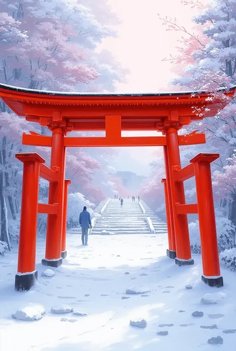 High quality, abstract, Kyoto, Japan, full row of red torii gates, snowy landscape, row of stone staircases, Monet's painting style