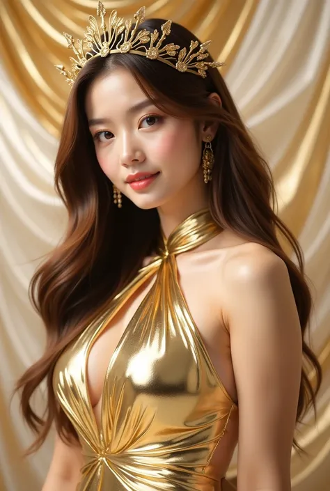 a woman in a stunning gold metallic gown that glimmers elegantly. The dress has a halter neckline and a fitted silhouette, accentuating her figure. She is wearing a golden crown-like headpiece with intricate details, complementing her overall regal appeara...