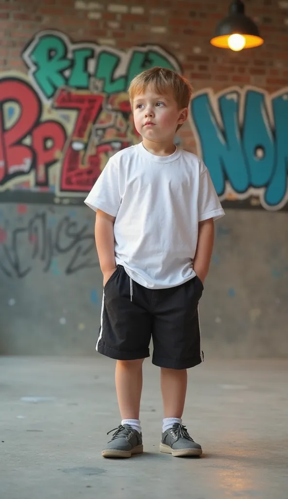 Obese elementary school student,  boy in an upright position ,  full body, wearing a white T-shirt and black shorts. The baby is standing on the smooth concrete floor in the skate park, The background has a colorful lamp and a wall full of graffiti. Elemen...