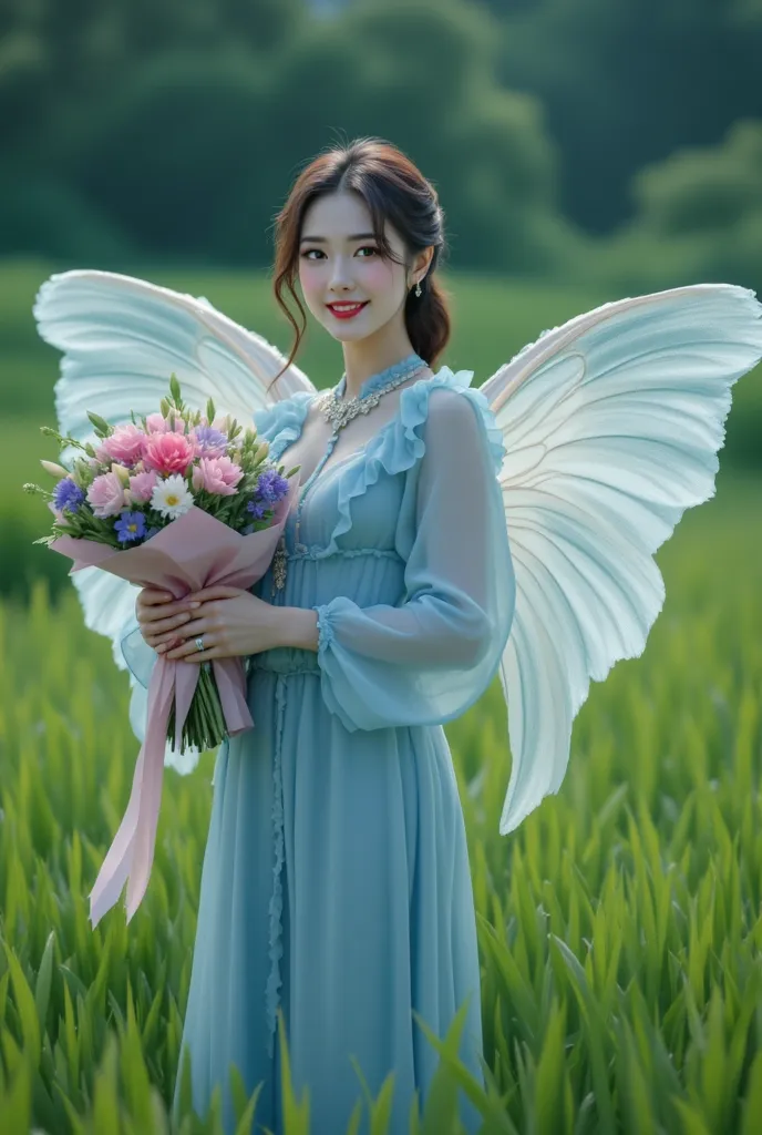 a beautiful korean woman chubby cheeks, equisite make up equisite eyes, detail skin. smiles slightly. wearing a long hijab wearing a soft blue luxury chiffon dress  , her skirt is decorated with ruffles layering. She have very huge white wings light, she s...