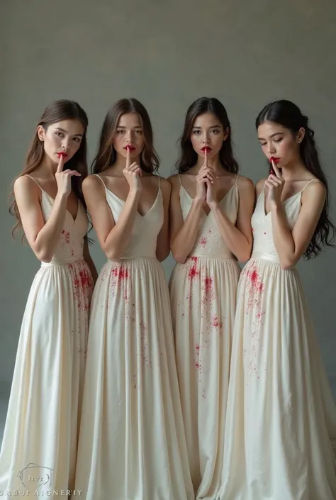 I want a realistic 3D photo of four bridesmaids with splashes of blood on their gown and  their fore finger to their lips doing shush 