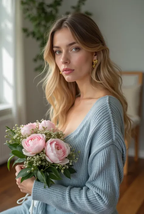 The photograph shows a young woman with long blonde hair, squatting against a wall in a bright room. She is wearing a soft knit dress or cardigan in a soft blue color with a deep V-neck and long sleeves. The fabric has a textured ribbed pattern. 
The woman...