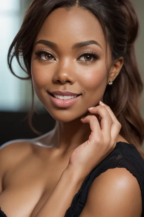 beautiful detailed eyes, beautiful detailed lips, extremely detailed face and eyes, long eyelashes, beautiful woman, Gabrielle Union, ((full body portrait)), hourglass body, ponytail, natural big breasts, photorealistic, high quality, ultra detailed, reali...