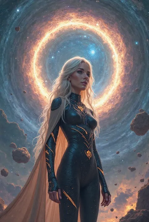 

A striking young woman stands before a massive, glowing portal suspended in the depths of space. The swirling vortex of cosmic energy behind her pulses with shifting colors—deep blues, shimmering golds, and iridescent purples—like the very fabric of the ...