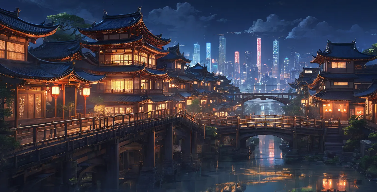 anime - style scene of a town with a bridge and a train, traditional japanese concept art, japanese city, japanese town, feng zhu concept art, andreas rocha style, beautiful render of tang dynasty, concept art stunning atmosphere, ross tran. scenic backgro...